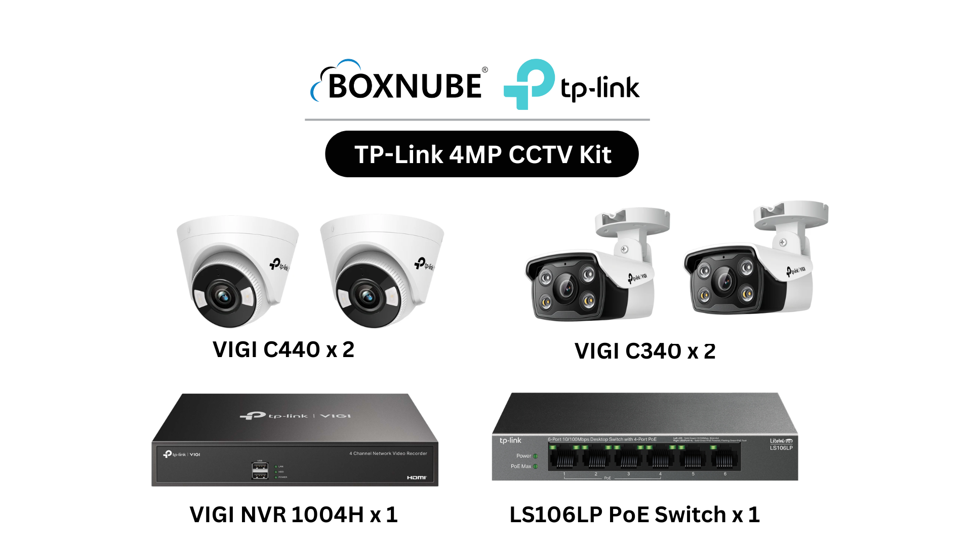 TP-Link VIGI 4MP Full HD 4 Camera Kit Bundle | 2 x VIGI C340, 2 x VIGI C440, 1x 4 Channel NVR, 1x 4 Port PoE Switch | Ideal for shops, small offices TP-Link VIGI 4MP Full HD 4 Camera Kit Bundle | 2 x VIGI C340, 2 x VIGI C440, 1x 4 Channel NVR, 1x 4 Port PoE Switch | Ideal for shops, small offices